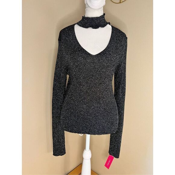 NWT! Xhilaration Black Metallic Silver Ribbed Mock Neck Cutout Long Sleeve XL - Picture 1 of 7